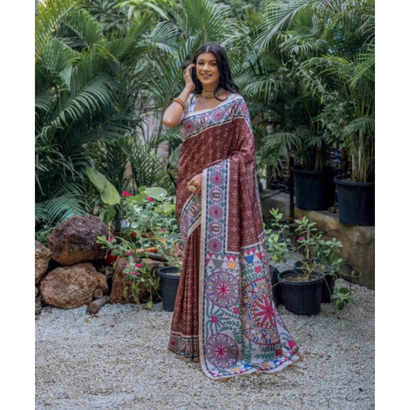 Gracious Women's Faux Tussar Geometric Print Saree With Blouse Piece