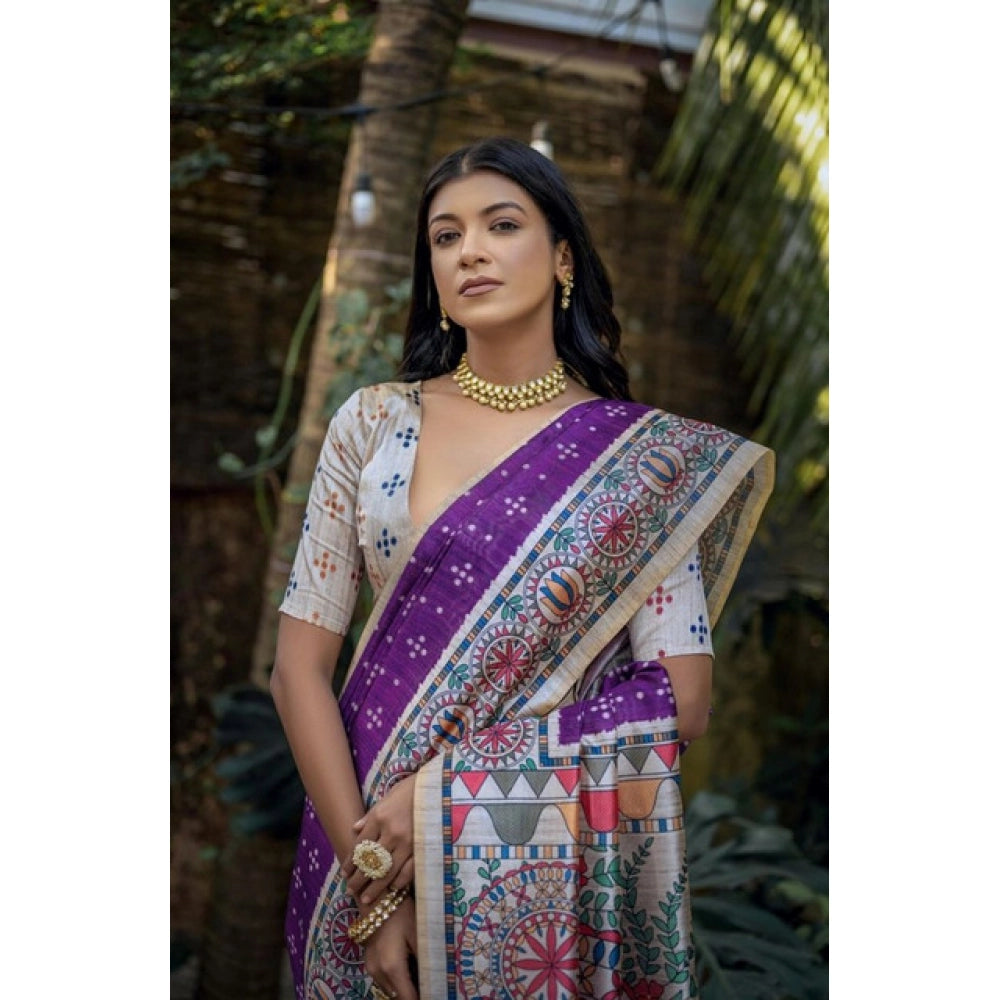 Gracious Women's Faux Tussar Geometric Print Saree With Blouse Piece
