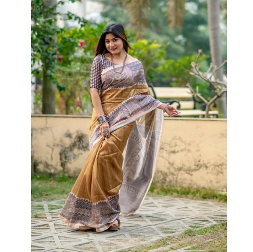 Gracious Women's Faux Tussar Geometric Print Saree With Blouse Piece