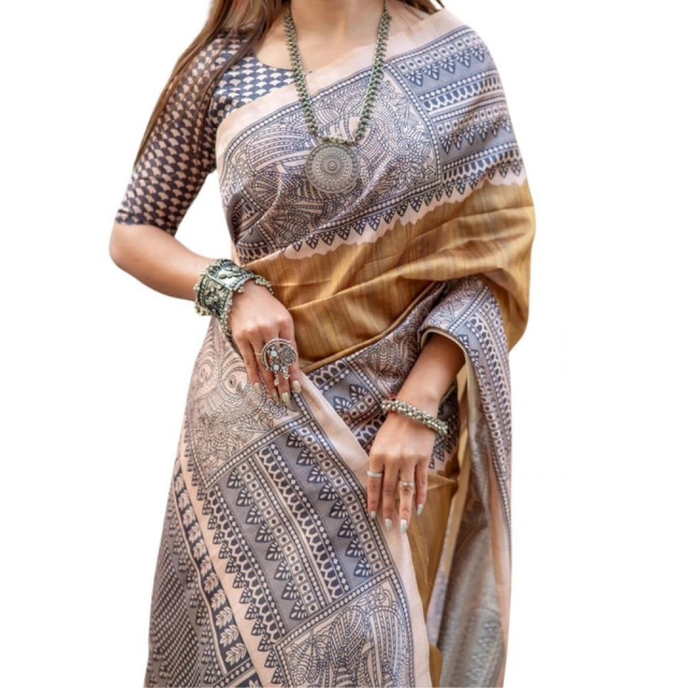 Gracious Women's Faux Tussar Geometric Print Saree With Blouse Piece