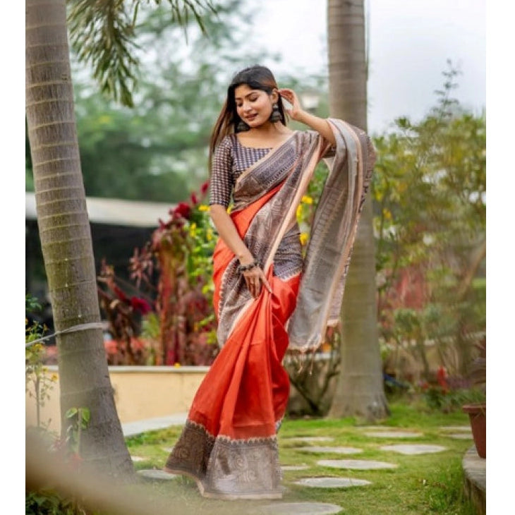 Gracious Women's Faux Tussar Geometric Print Saree With Blouse Piece