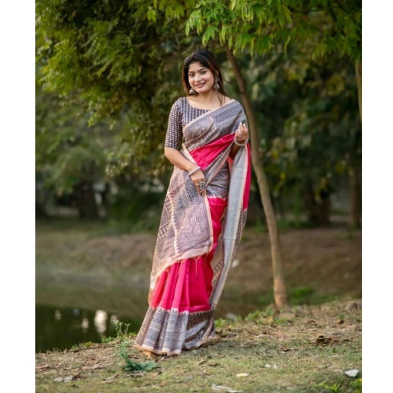 Gracious Women's Faux Tussar Geometric Print Saree With Blouse Piece