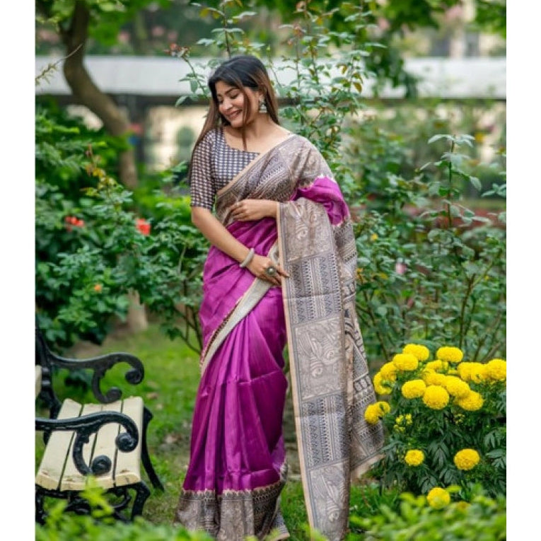 Gracious Women's Faux Tussar Geometric Print Saree With Blouse Piece