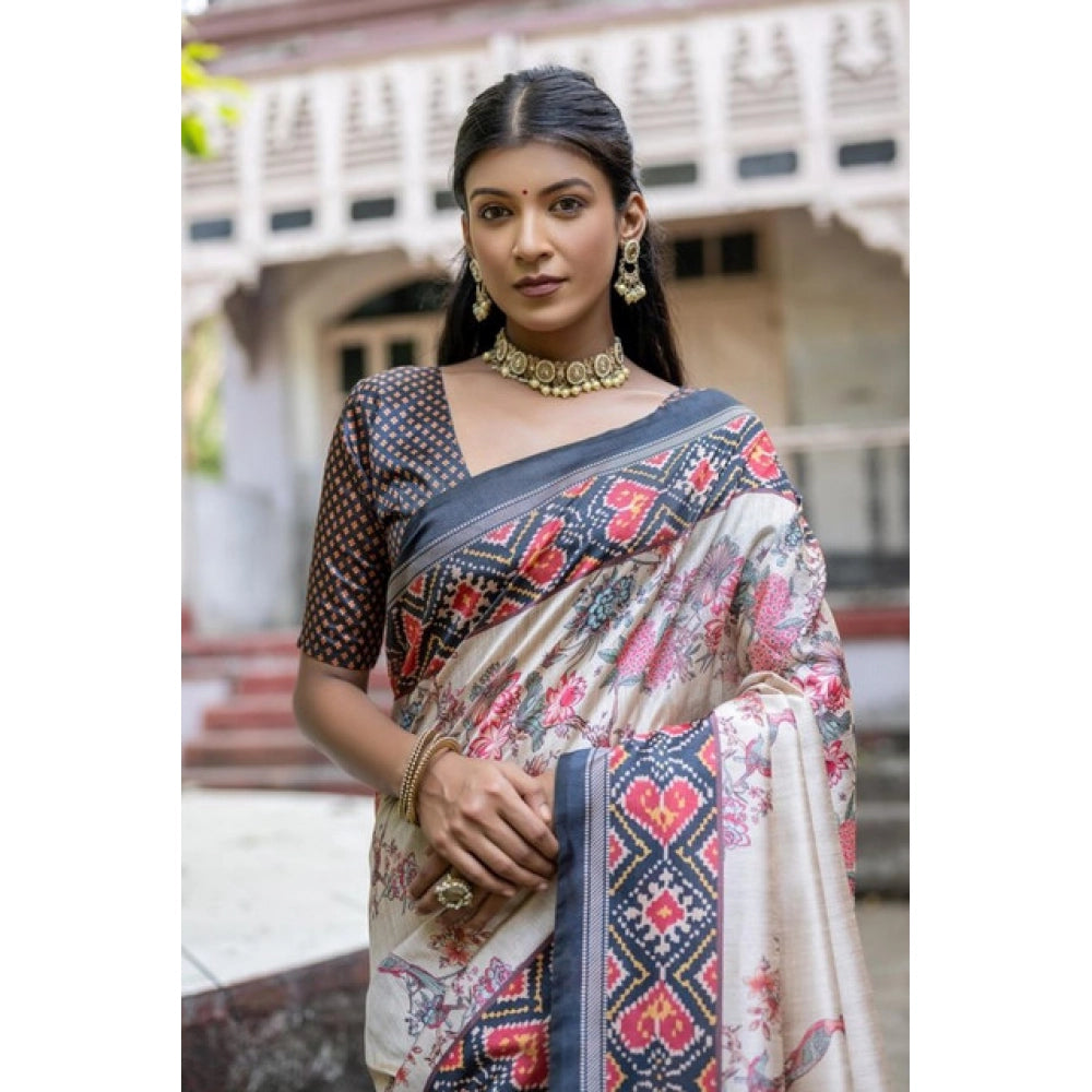 Gracious Women's Faux Tussar Floral Jal With Patola Print Saree With Blouse Piece