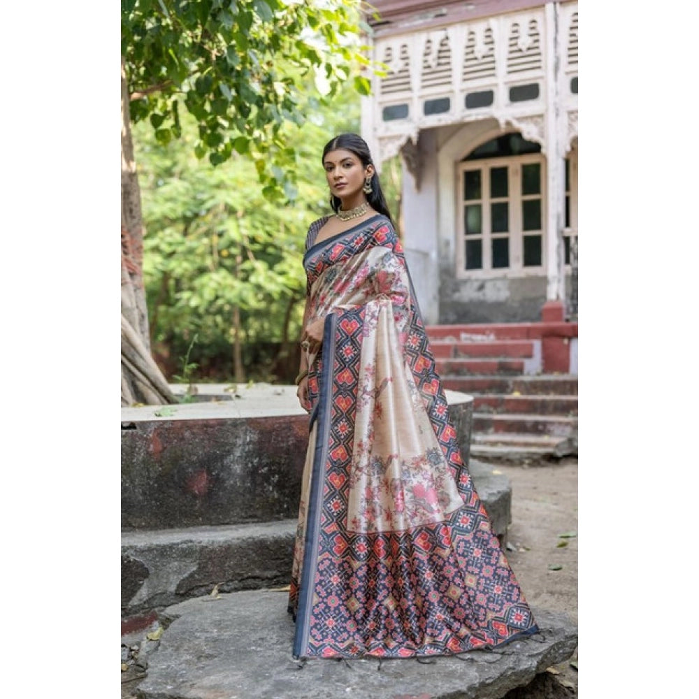 Gracious Women's Faux Tussar Floral Jal With Patola Print Saree With Blouse Piece