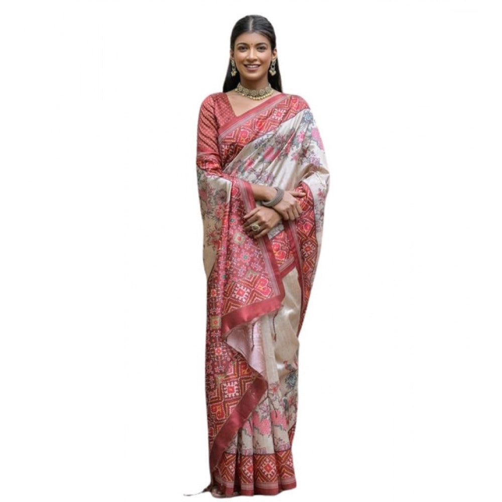 Gracious Women's Faux Tussar Floral Jal With Patola Print Saree With Blouse Piece