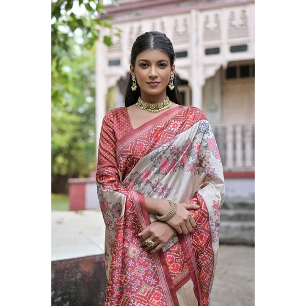 Gracious Women's Faux Tussar Floral Jal With Patola Print Saree With Blouse Piece