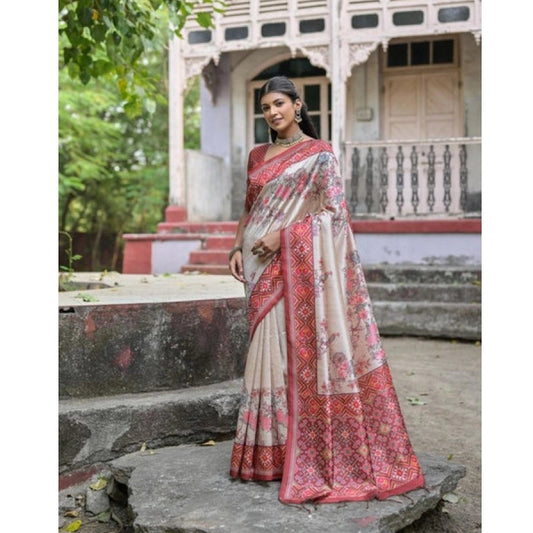 Gracious Women's Faux Tussar Floral Jal With Patola Print Saree With Blouse Piece