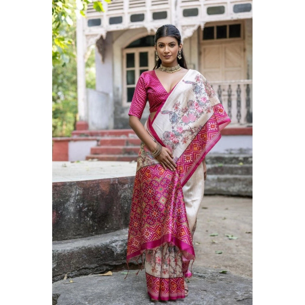 Gracious Women's Faux Tussar Floral Jal With Patola Print Saree With Blouse Piece
