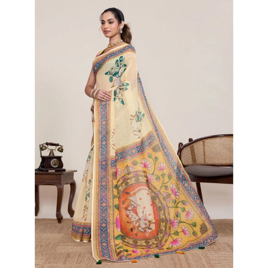 Superior Women's Linen Floral Printed Saree With Blouse Piece