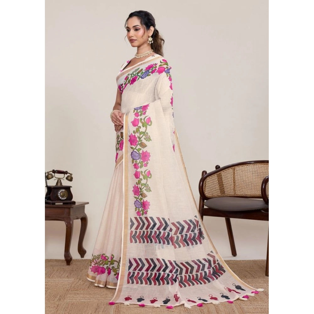 Superior Women's Linen Floral Printed Saree With Blouse Piece