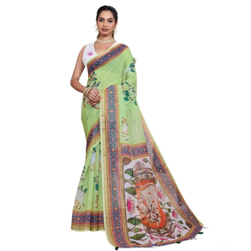 Superior Women's Linen Floral Printed Saree With Blouse Piece