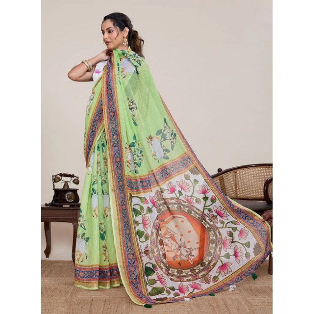 Superior Women's Linen Floral Printed Saree With Blouse Piece