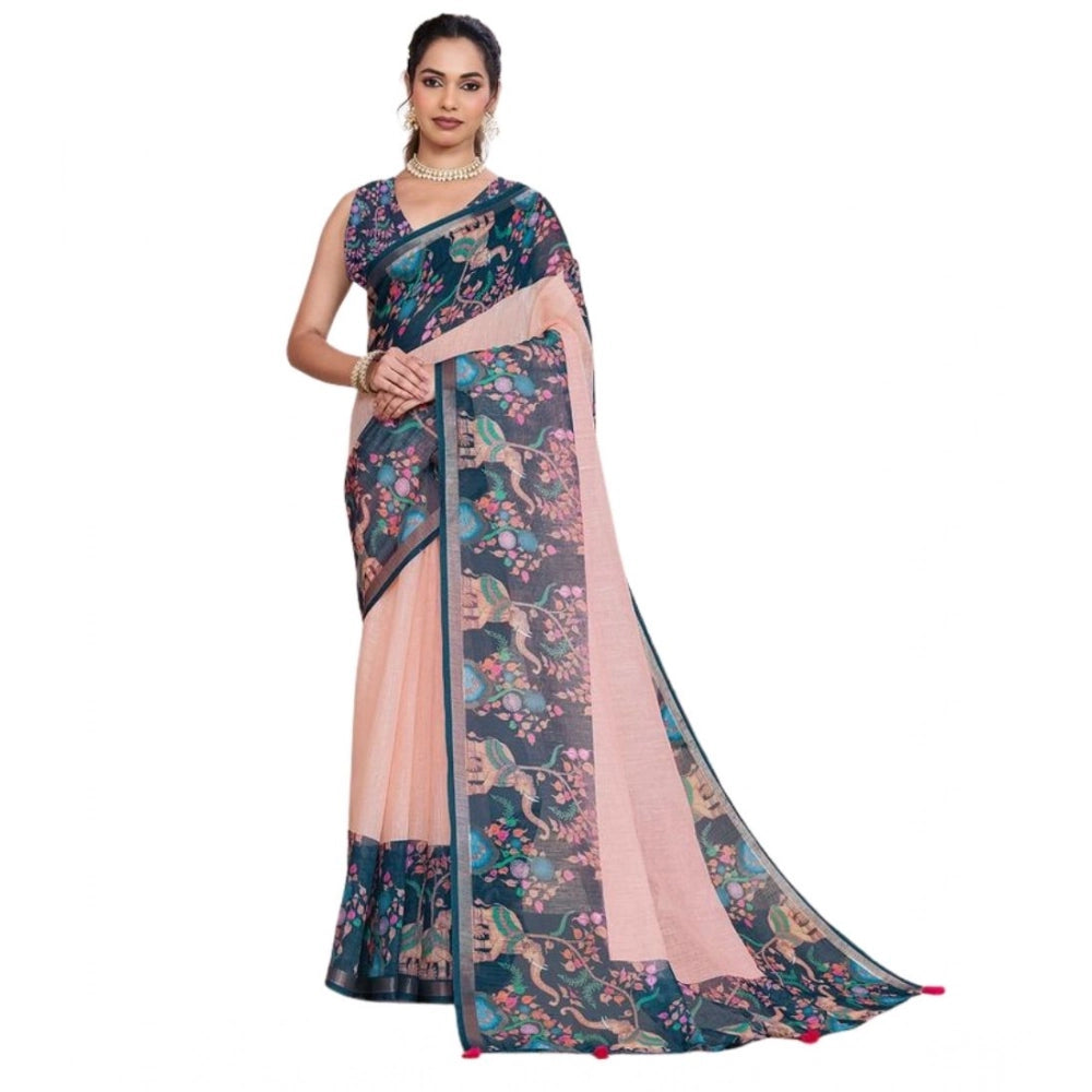 Superior Women's Linen Floral Printed Saree With Blouse Piece