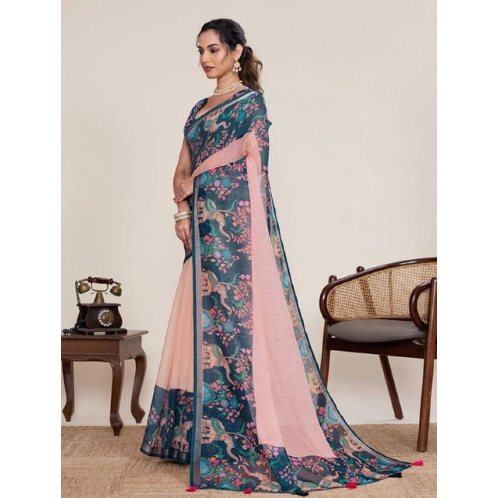 Superior Women's Linen Floral Printed Saree With Blouse Piece