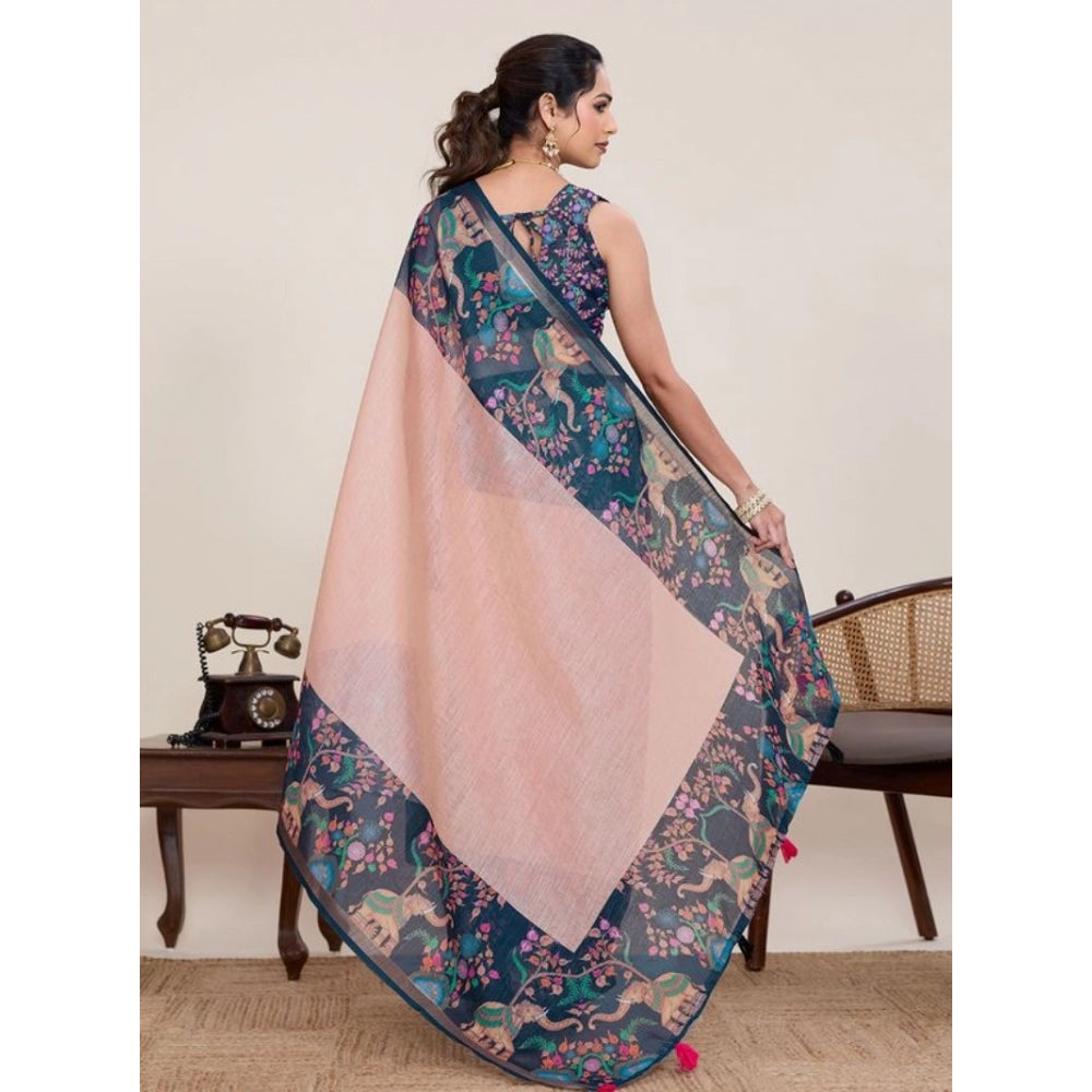 Superior Women's Linen Floral Printed Saree With Blouse Piece