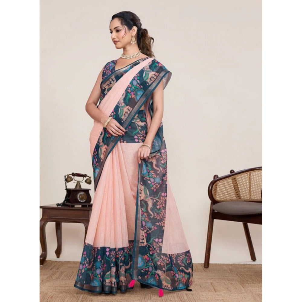 Superior Women's Linen Floral Printed Saree With Blouse Piece
