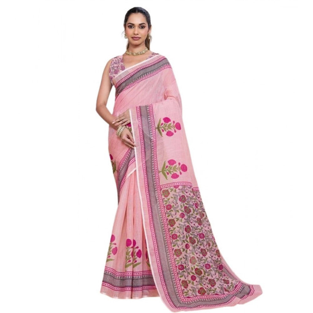 Superior Women's Linen Floral Printed Saree With Blouse Piece