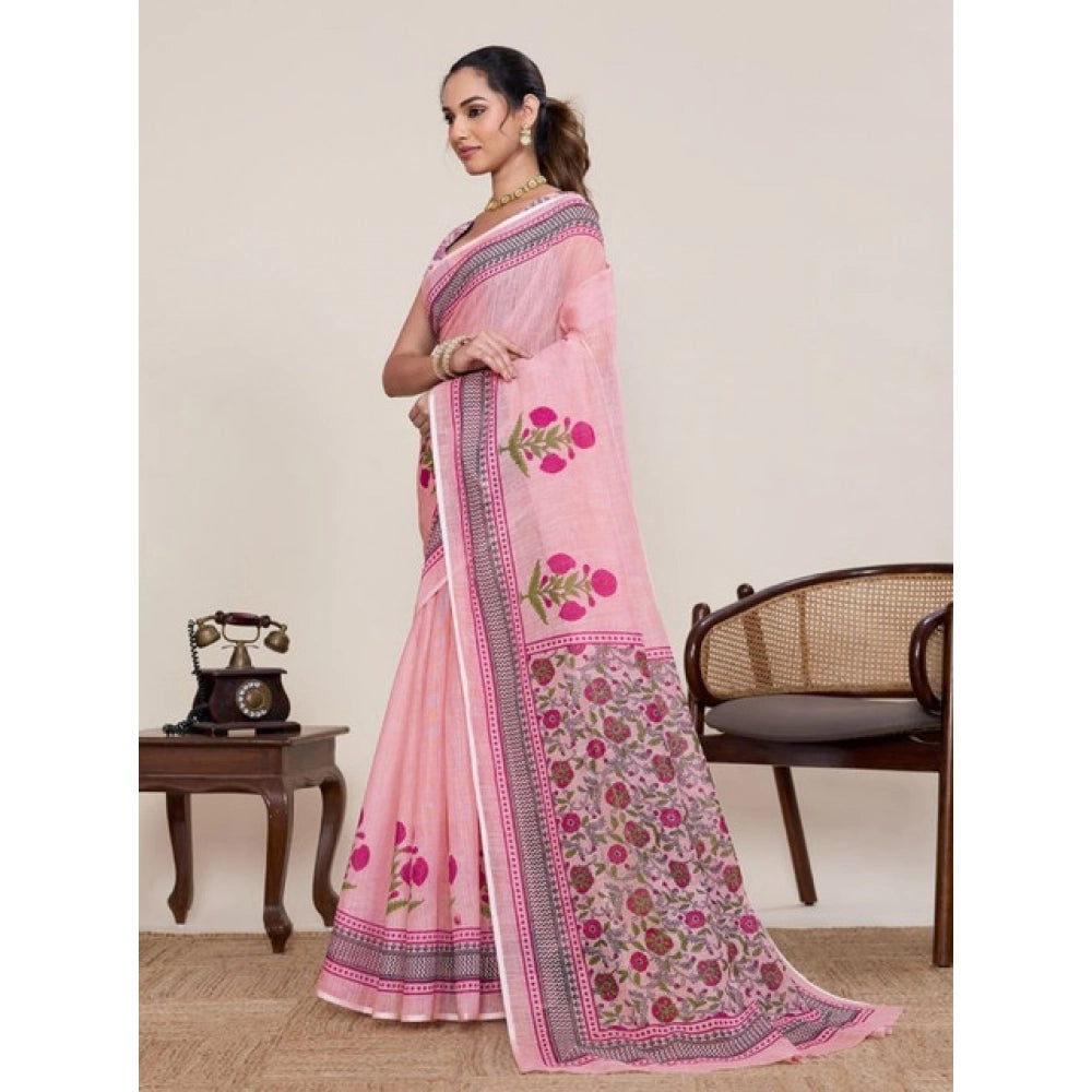 Superior Women's Linen Floral Printed Saree With Blouse Piece