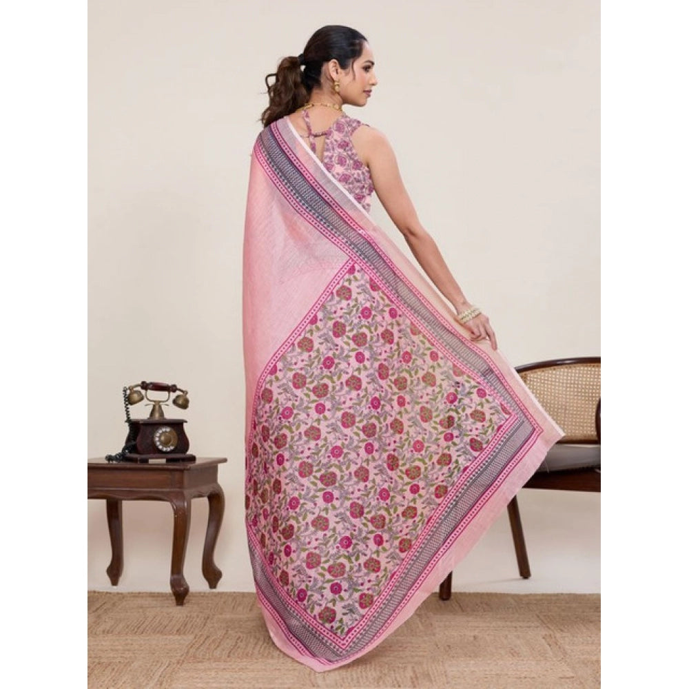Superior Women's Linen Floral Printed Saree With Blouse Piece