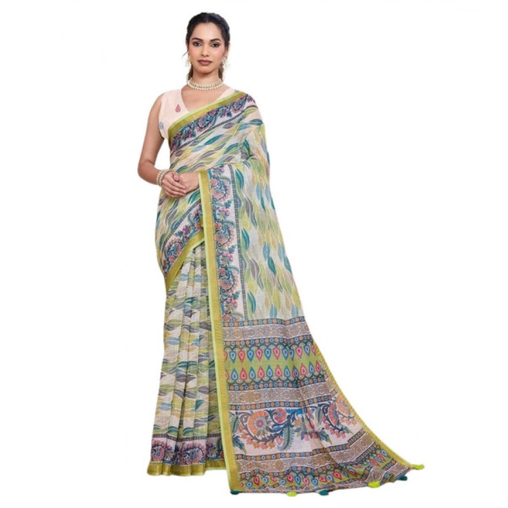 Superior Women's Linen Floral Printed Saree With Blouse Piece