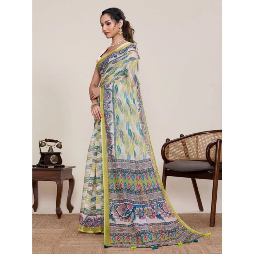 Superior Women's Linen Floral Printed Saree With Blouse Piece