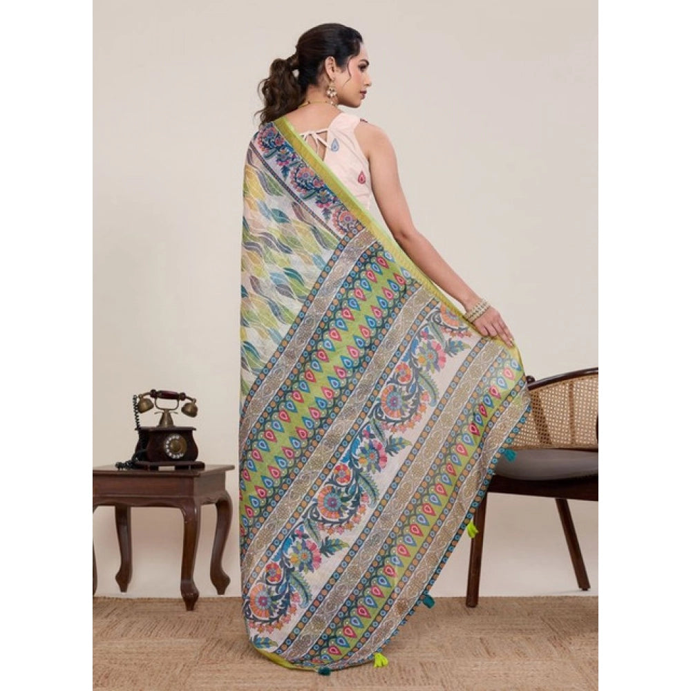 Superior Women's Linen Floral Printed Saree With Blouse Piece