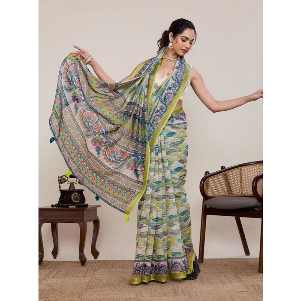 Superior Women's Linen Floral Printed Saree With Blouse Piece