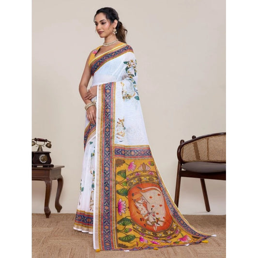 Superior Women's Linen Floral Printed Saree With Blouse Piece