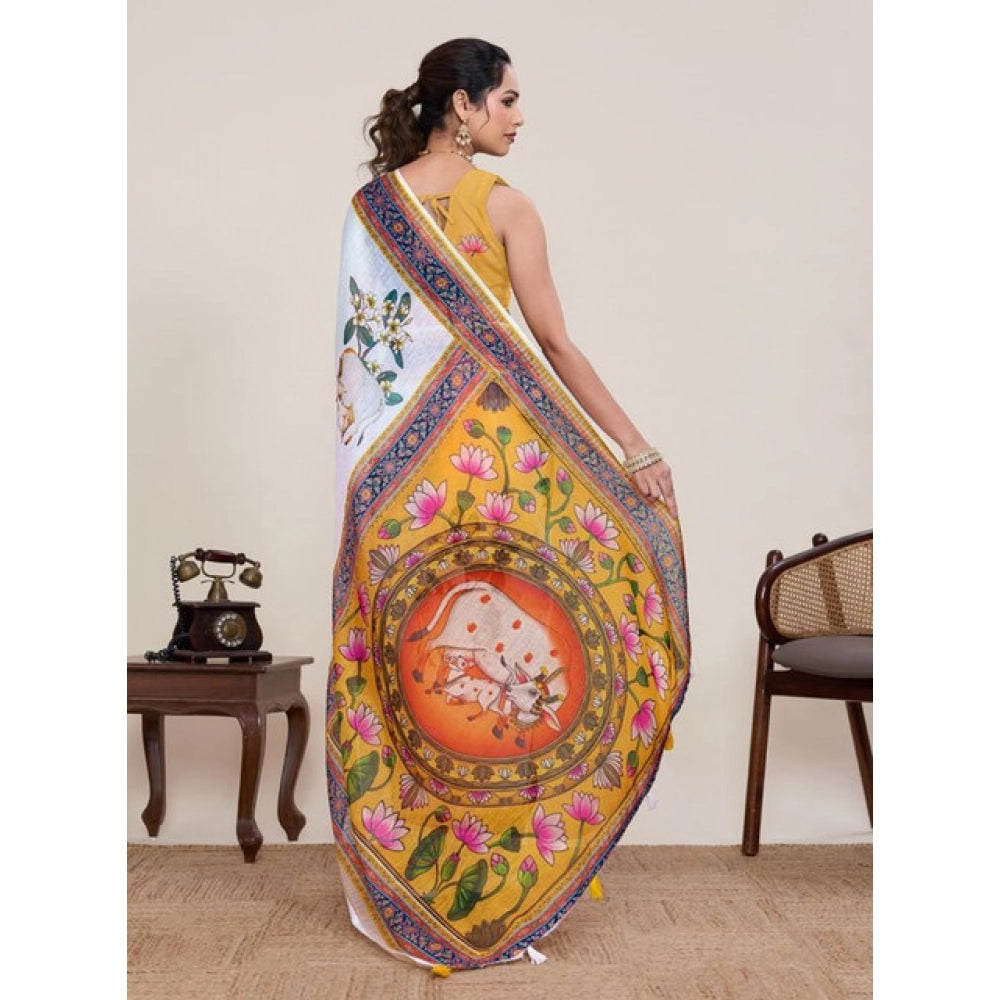 Superior Women's Linen Floral Printed Saree With Blouse Piece