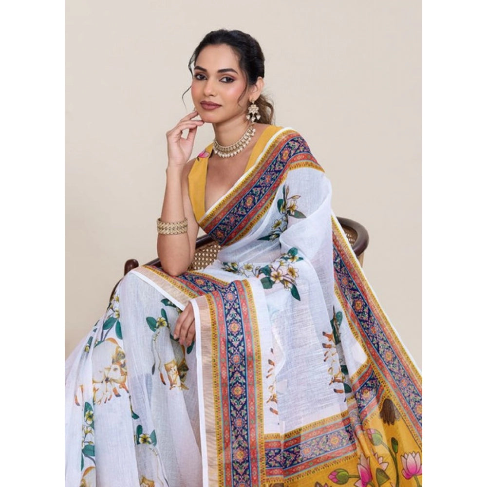 Superior Women's Linen Floral Printed Saree With Blouse Piece