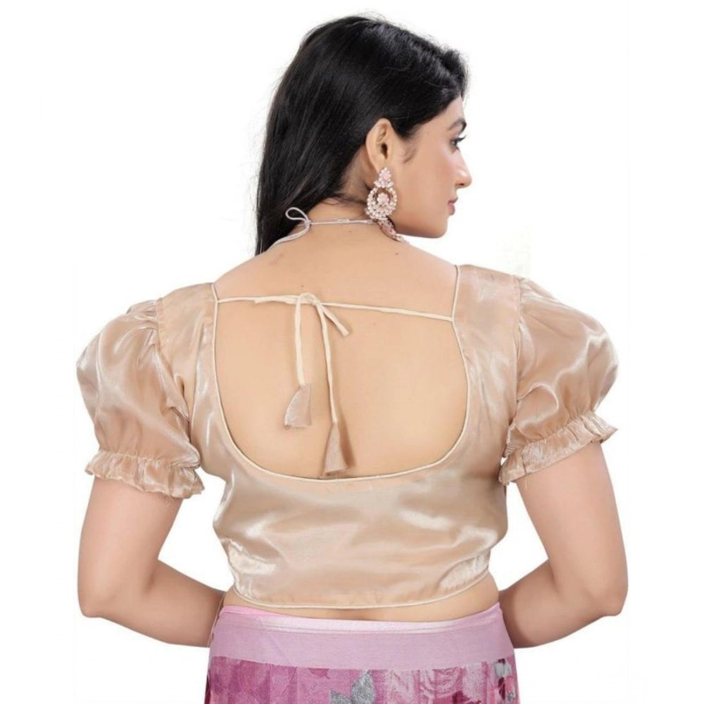 Appealing Women's Jimmy Solid Designer Neck Elastic Sleeve Readymade Blouse (Beige 38, Alterable up to 42)
