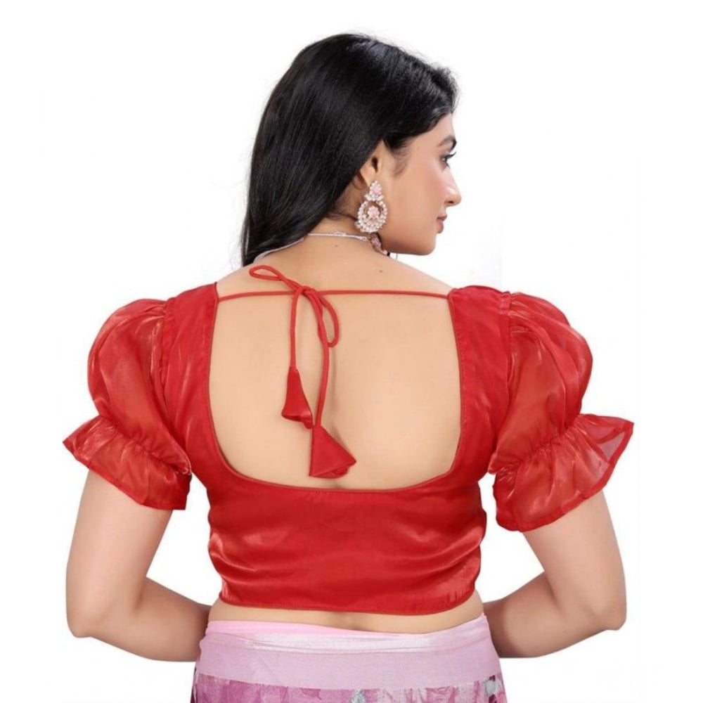 Appealing Women's Jimmy Solid Designer Neck Elastic Sleeve Readymade Blouse (Red 38, Alterable up to 42)