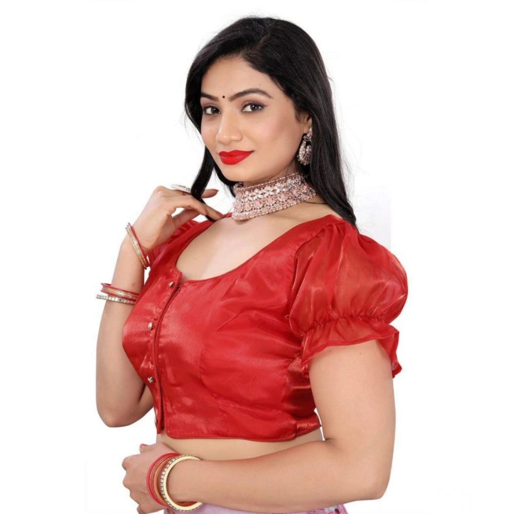 Appealing Women's Jimmy Solid Designer Neck Elastic Sleeve Readymade Blouse (Red 38, Alterable up to 42)