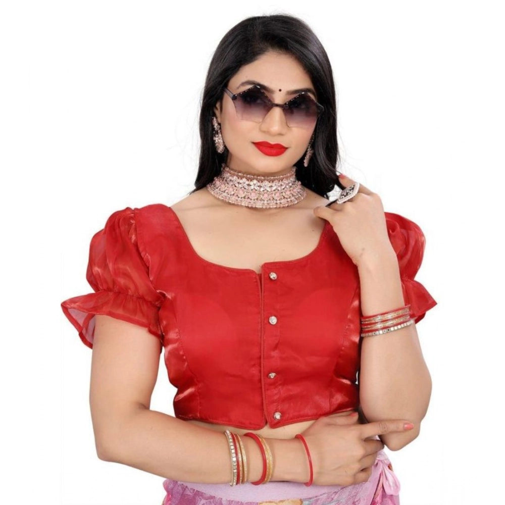 Appealing Women's Jimmy Solid Designer Neck Elastic Sleeve Readymade Blouse (Red 38, Alterable up to 42)