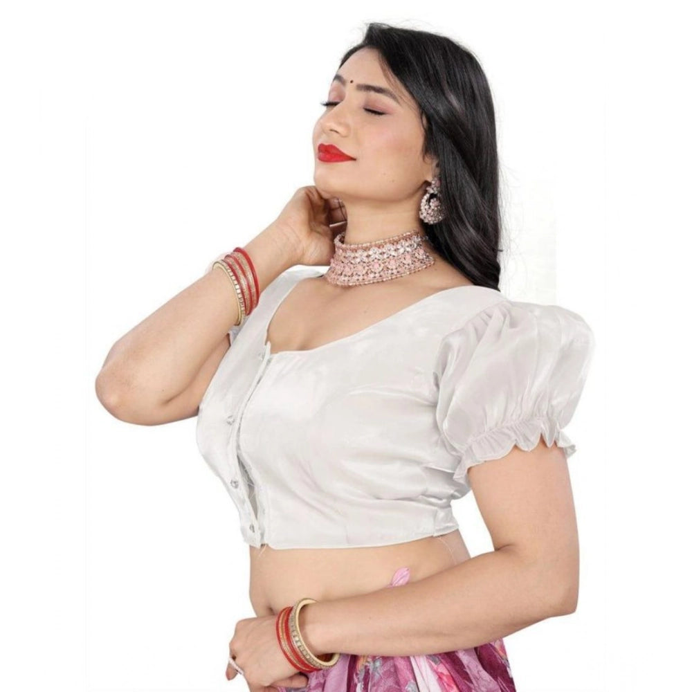 Appealing Women's Jimmy Solid Designer Neck Elastic Sleeve Readymade Blouse (White 38, Alterable up to 42)