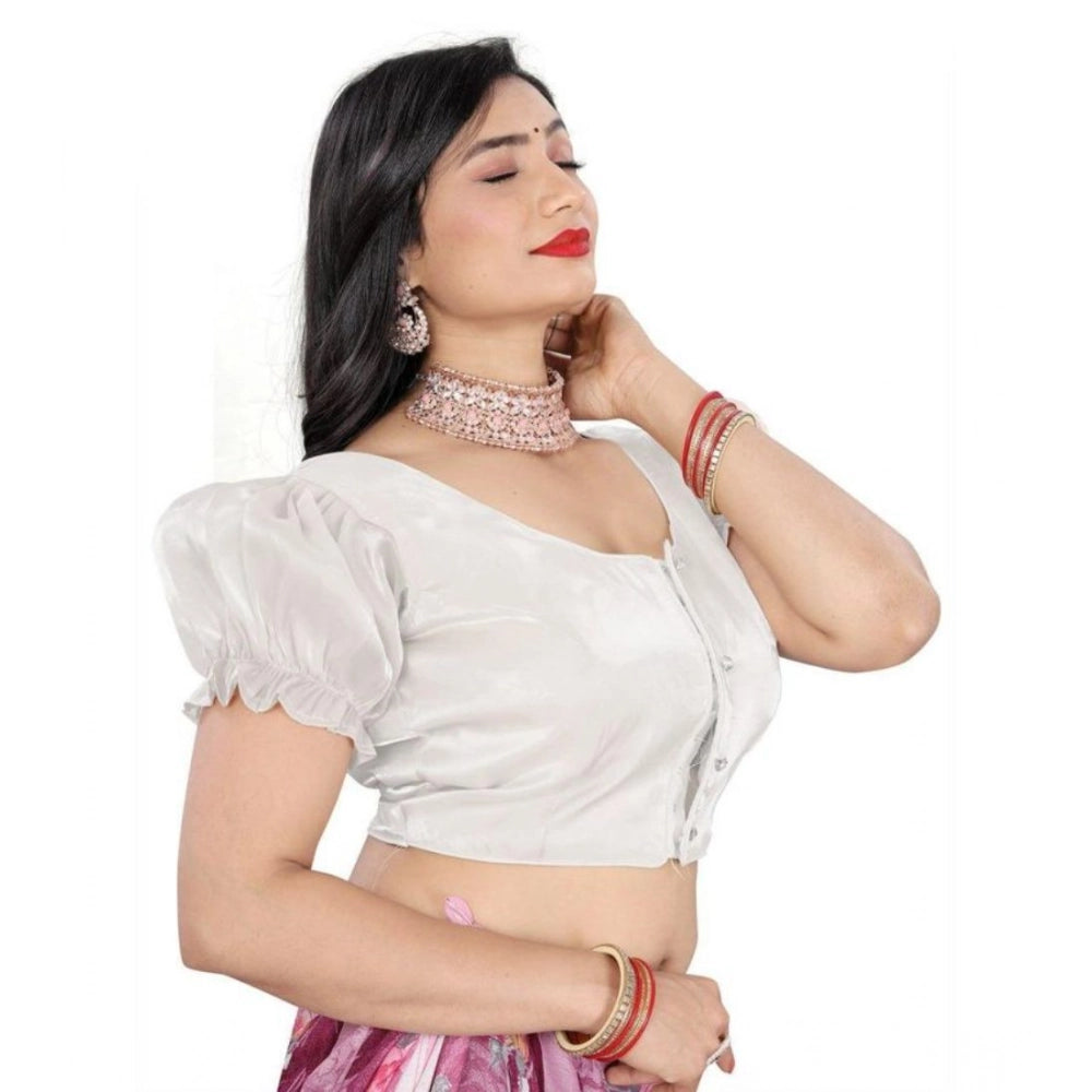 Appealing Women's Jimmy Solid Designer Neck Elastic Sleeve Readymade Blouse (White 38, Alterable up to 42)