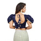 Luxurious Women's Jimmy Solid V Neck Puff Sleeve Readymade Blouse (Navy 38, Alterable up to 42)