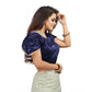 Luxurious Women's Jimmy Solid V Neck Puff Sleeve Readymade Blouse (Navy 38, Alterable up to 42)