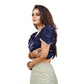 Luxurious Women's Jimmy Solid V Neck Puff Sleeve Readymade Blouse (Navy 38, Alterable up to 42)