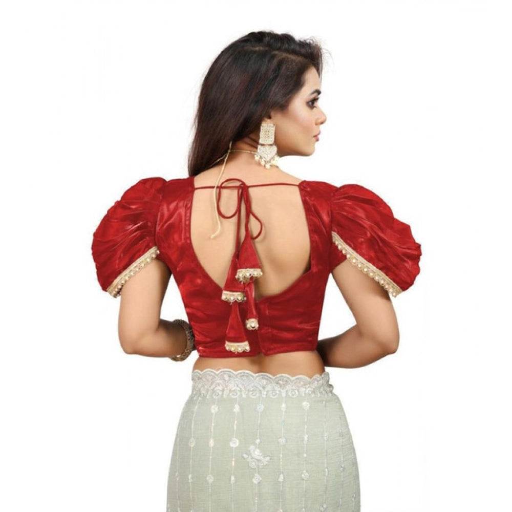Luxurious Women's Jimmy Solid V Neck Puff Sleeve Readymade Blouse (Red 38, Alterable up to 42)