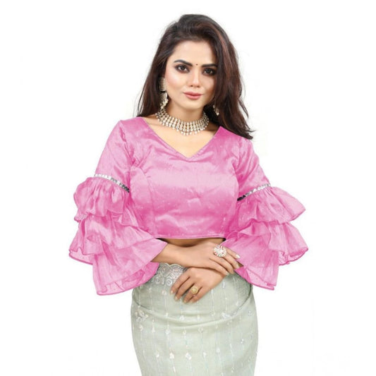 Groovy Women's Organza Solid V Neck Layered Ruffle Sleeve Readymade Blouse (Light Pink Free Size, up to 38“40 Bust)