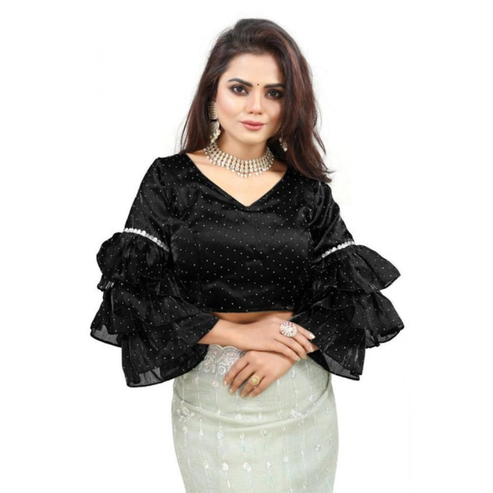 Groovy Women's Organza Solid V Neck Layered Ruffle Sleeve Readymade Blouse (Black Free Size, up to 38“40 Bust)
