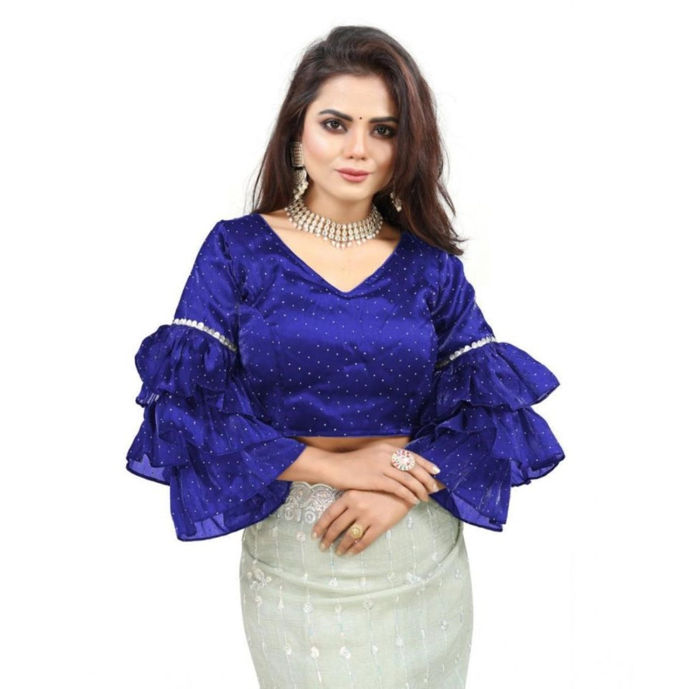 Groovy Women's Organza Solid V Neck Layered Ruffle Sleeve Readymade Blouse (Blue Free Size, up to 38“40 Bust)
