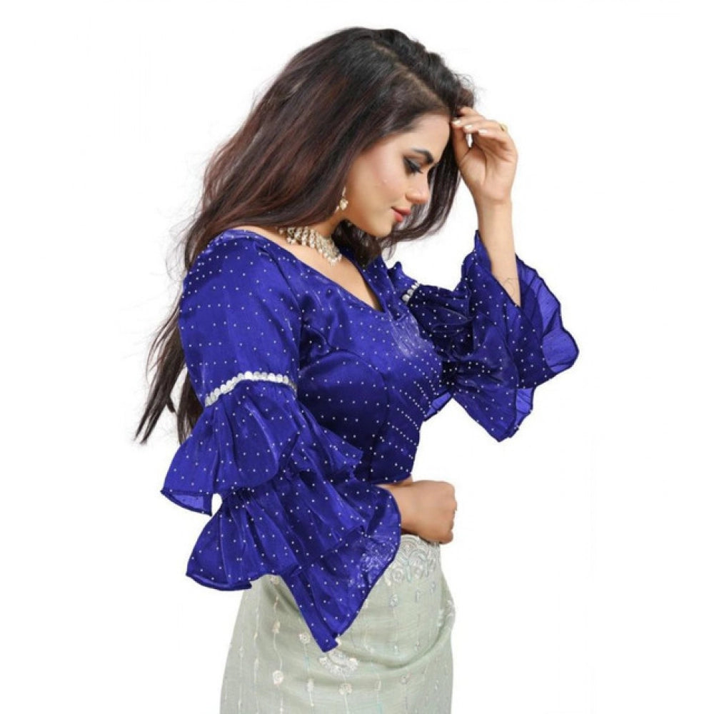 Groovy Women's Organza Solid V Neck Layered Ruffle Sleeve Readymade Blouse (Blue Free Size, up to 38“40 Bust)