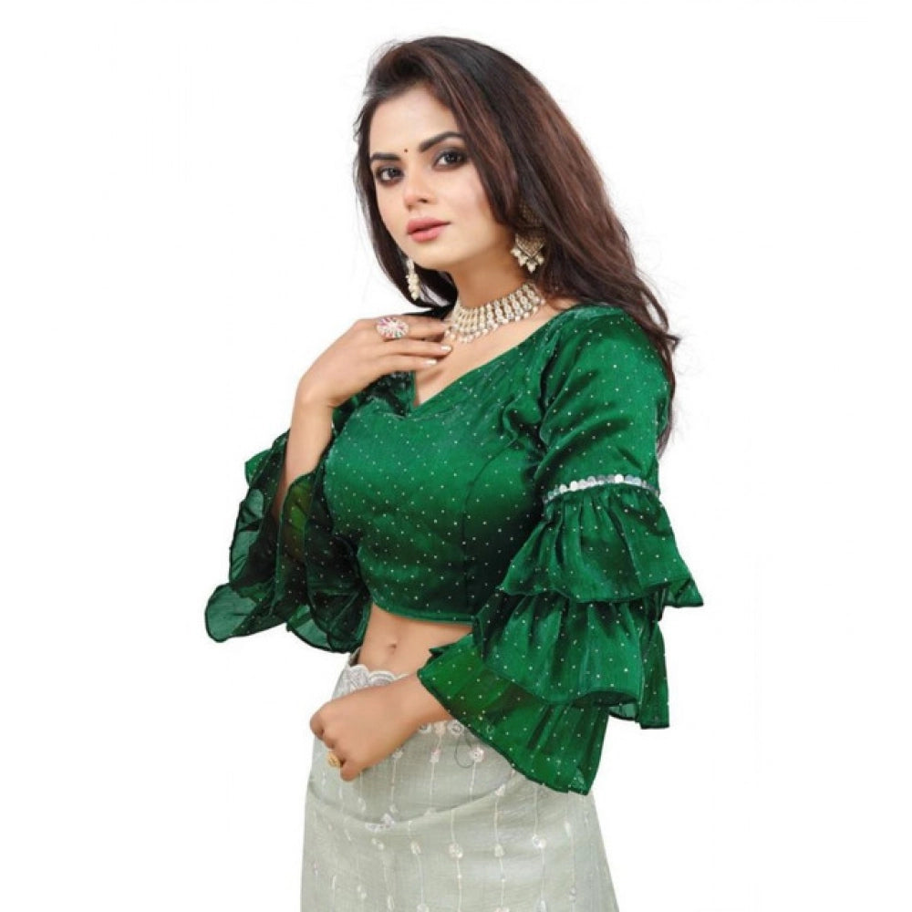 Groovy Women's Organza Solid V Neck Layered Ruffle Sleeve Readymade Blouse (Green Free Size, up to 38“40 Bust)