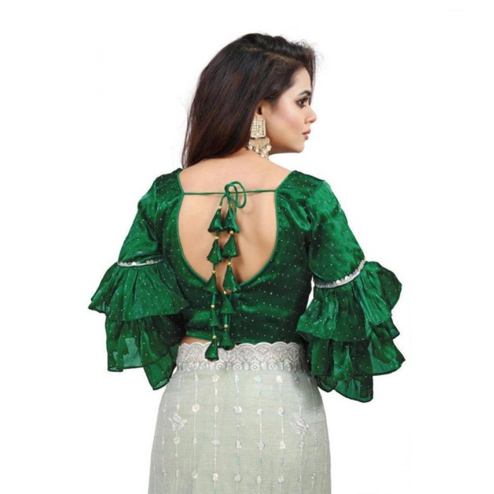 Groovy Women's Organza Solid V Neck Layered Ruffle Sleeve Readymade Blouse (Green Free Size, up to 38“40 Bust)