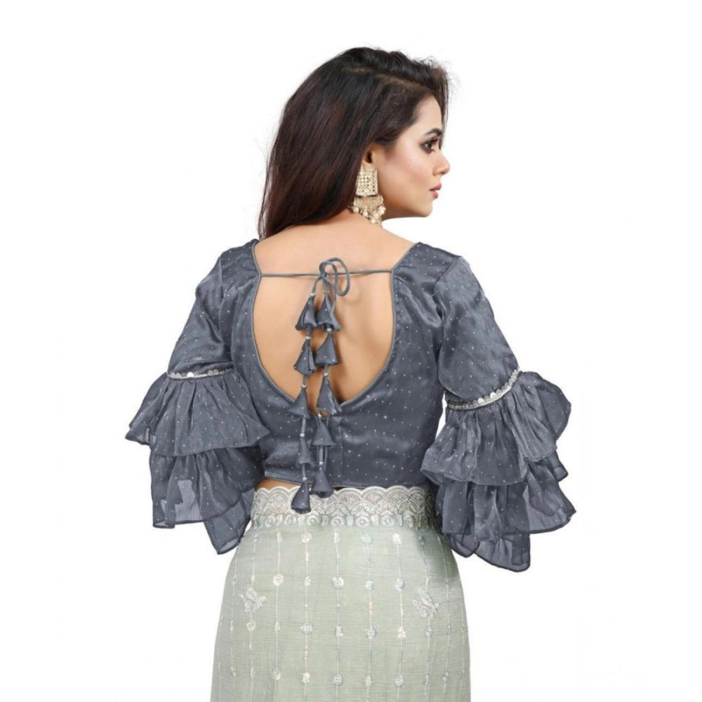 Groovy Women's Organza Solid V Neck Layered Ruffle Sleeve Readymade Blouse (Grey Free Size, up to 38“40 Bust)