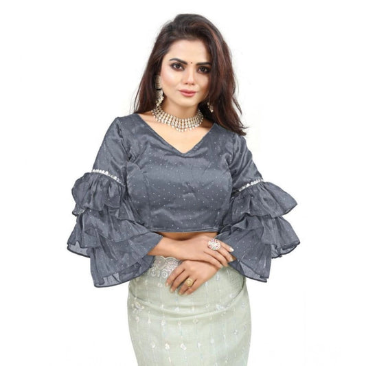 Groovy Women's Organza Solid V Neck Layered Ruffle Sleeve Readymade Blouse (Grey Free Size, up to 38“40 Bust)