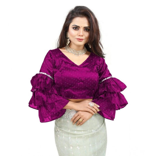 Groovy Women's Organza Solid V Neck Layered Ruffle Sleeve Readymade Blouse (Magenta Free Size, up to 38“40 Bust)